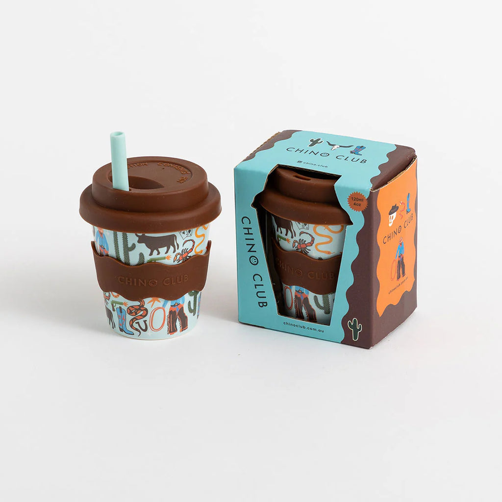 4 oz coffee cup with straw, brown lid, cowboy print, and matching retail box