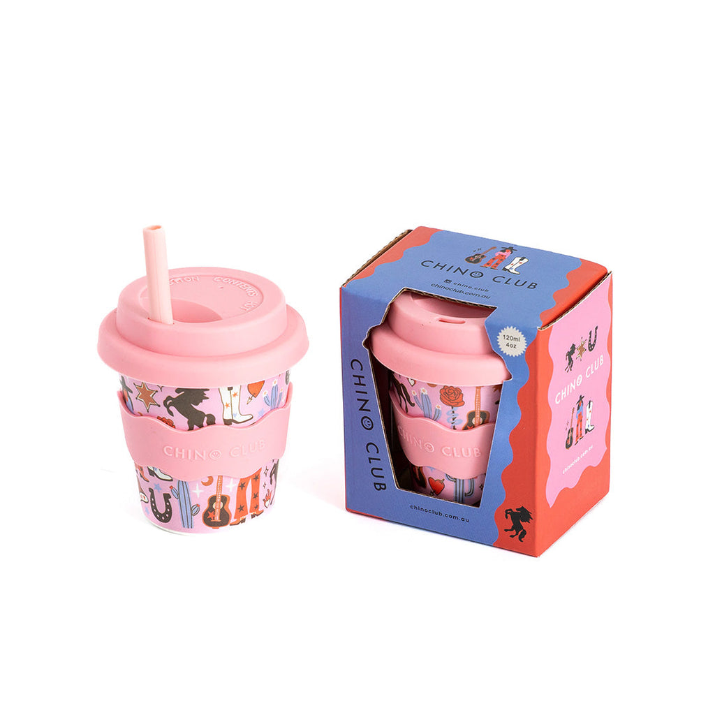 Cowgirl-patterned 4oz babychino cup with straw and matching retail box