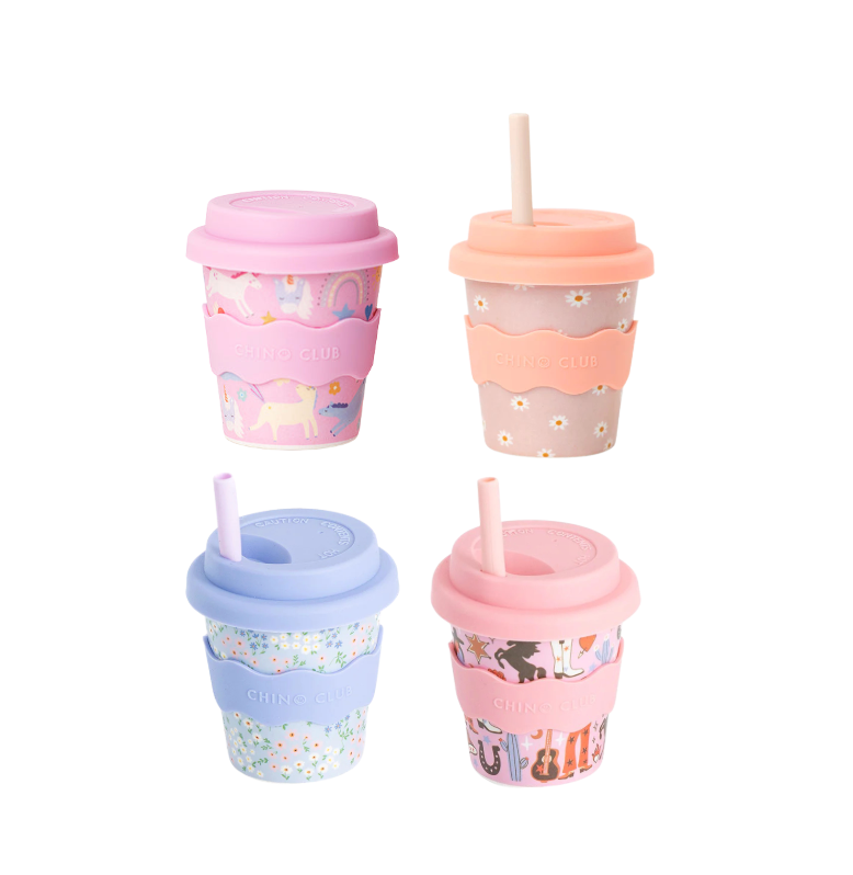 Set of four kids drink cups with lids and straws, CHINO CLUB, pastel colors