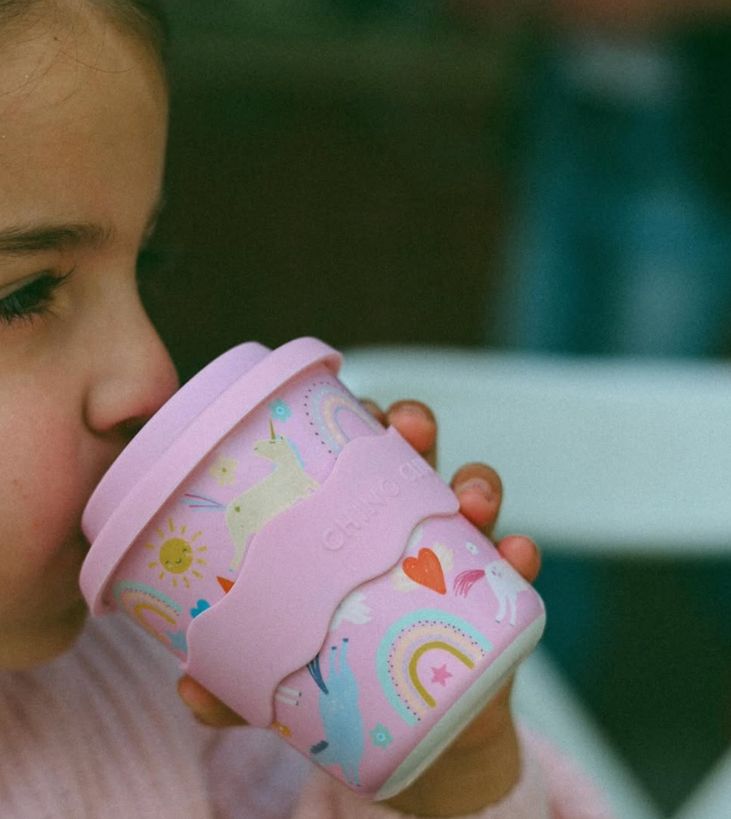 Pink unicorn babychino cup with lid and straw, 4 oz, pastel unicorn and rainbow print