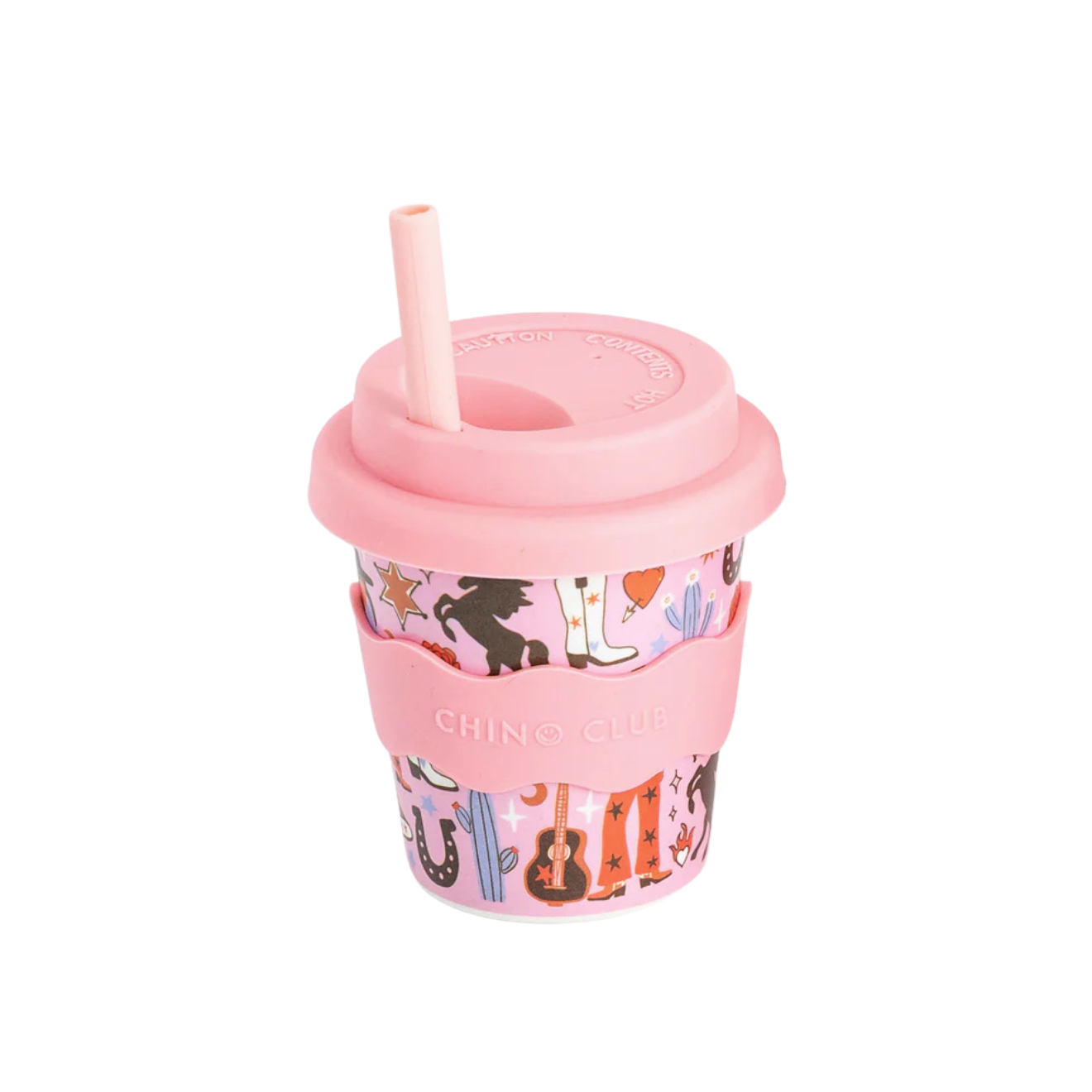 Pink patterned to-go cup with domed lid and straw; CHINO CLUB logo visible
