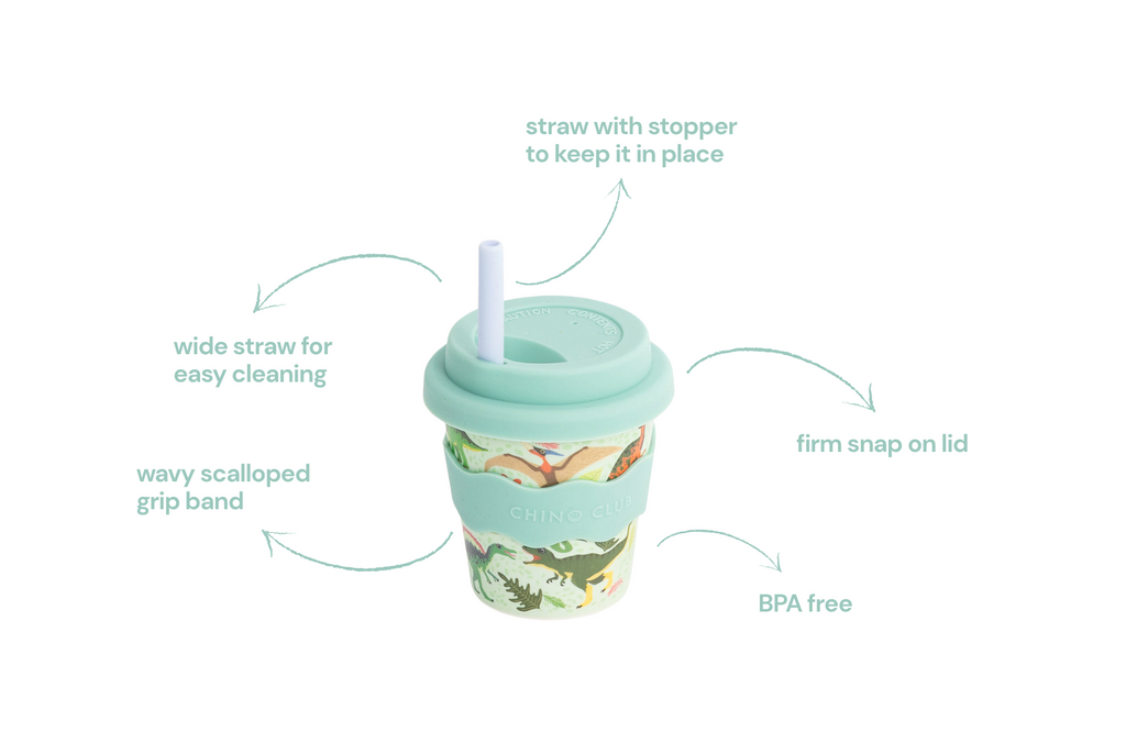Light green dino babychino cup with snap lid and straw, patterned wrap