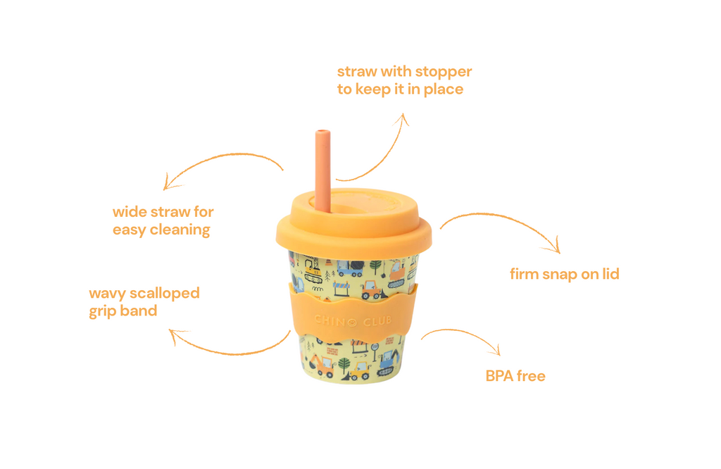 4oz babychino cup with wide straw, scalloped grip band, and secure snap rim