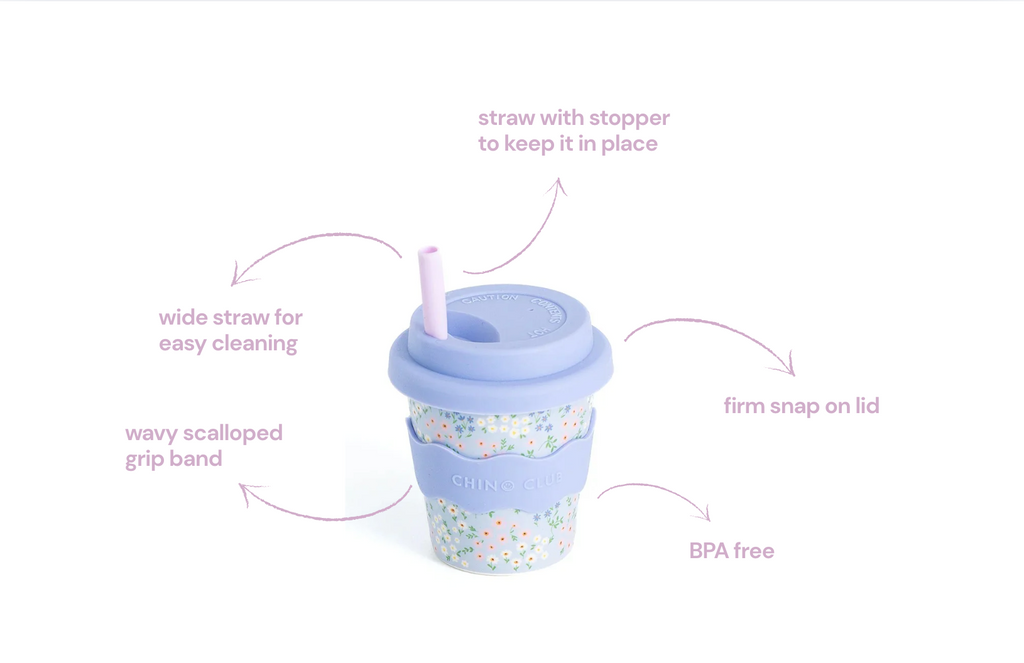 Floral babychino cup with snap lid and wide straw, scalloped grip band