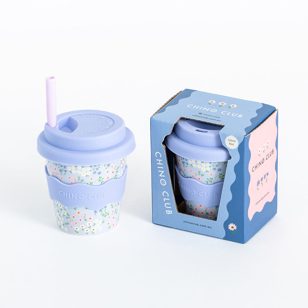 Floral babychino cup with blue lid and pink straw, 4 oz