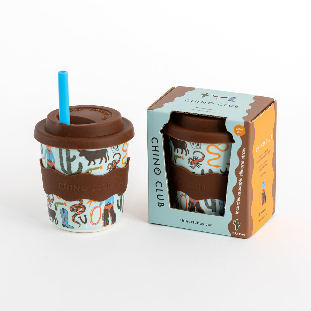 8oz keep cup with brown lid and blue straw, in box with cactus cowboy graphic