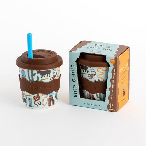 8oz keep cup with brown lid and blue straw, in box with cactus cowboy graphic