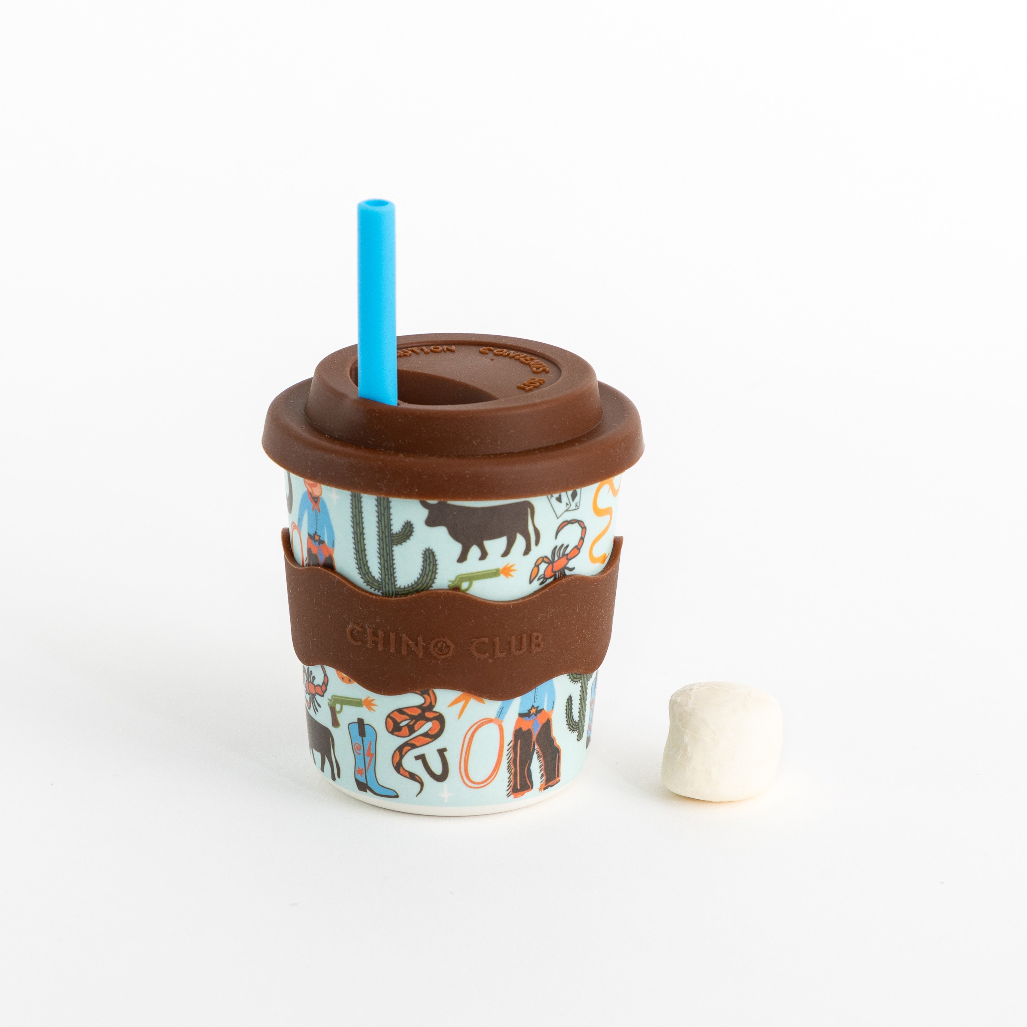 8oz keep cup with brown lid and blue straw, cactus and cowboy print