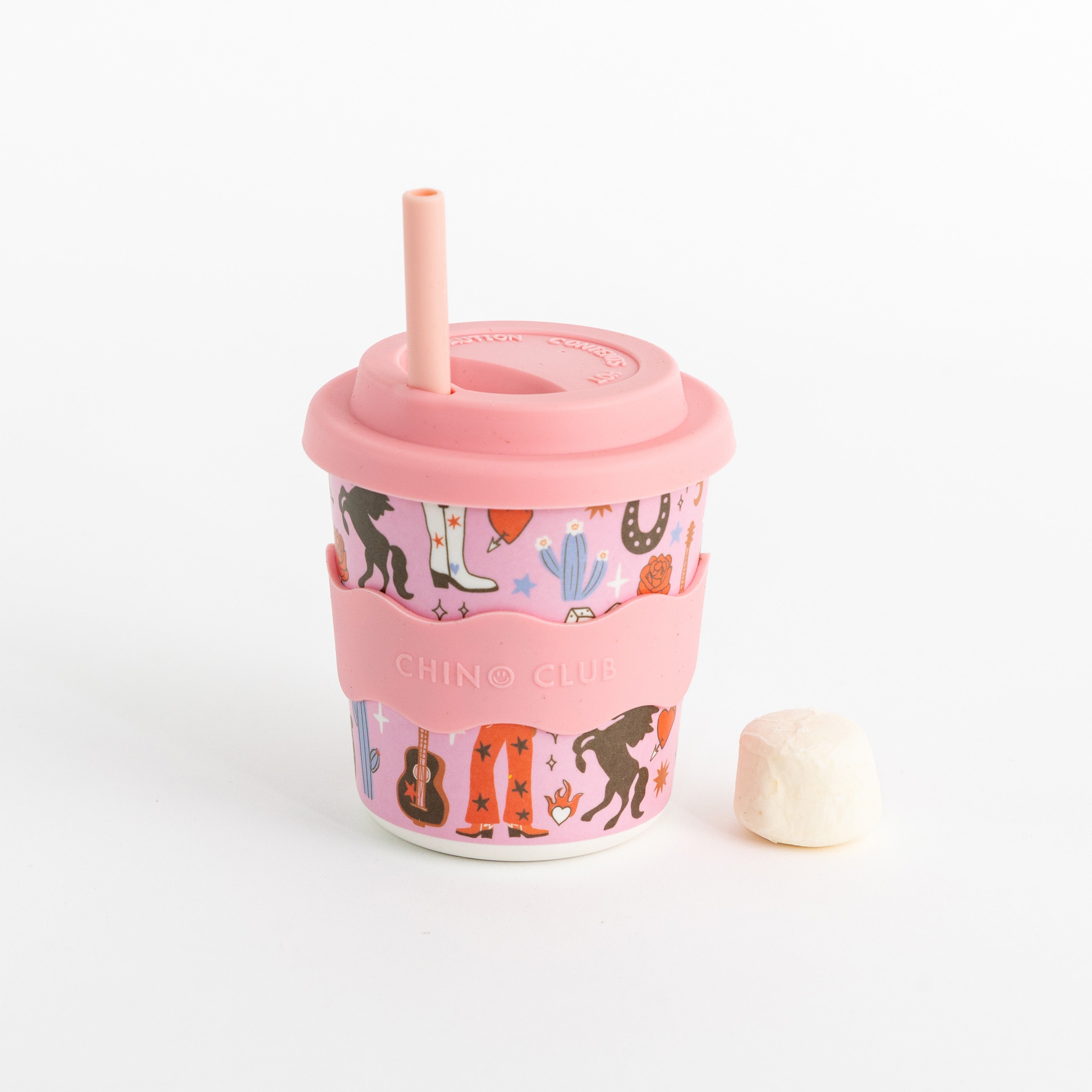 Pink keep cup with lid and straw, cowgirl print, 8 oz capacity