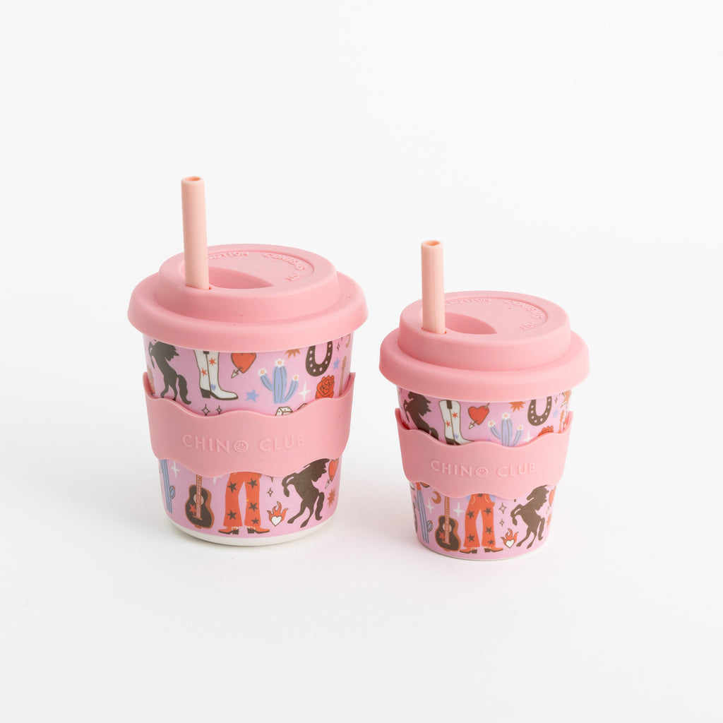Two pink keep cups with lids and straws, cowgirl print, 8 oz size