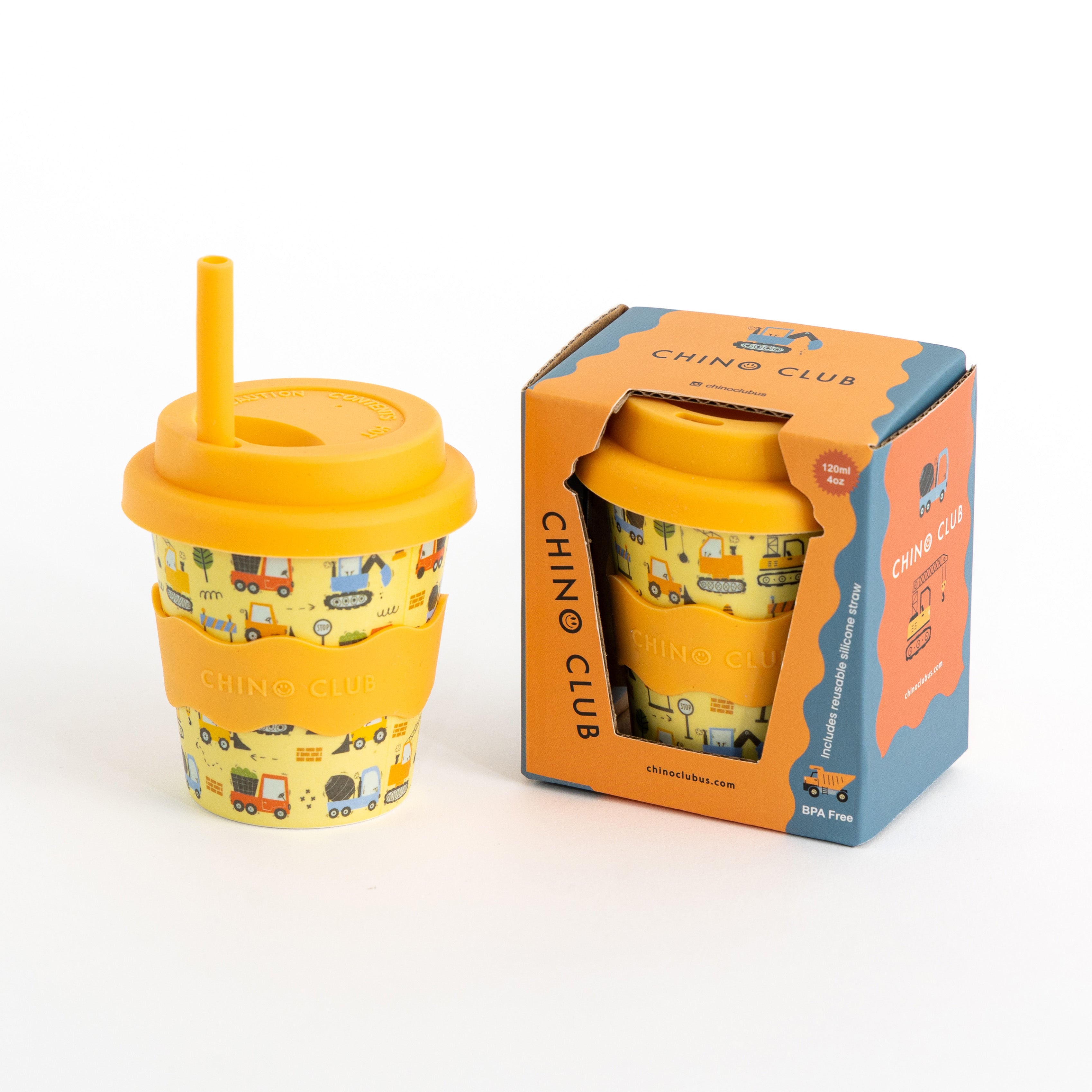 Babychino cup with lid and straw, 4oz, yellow with cartoon vehicle print
