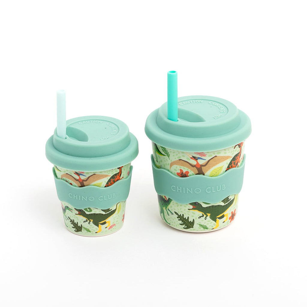 Light green dino babychino cup with snap lid and upright straw, jungle print wrap