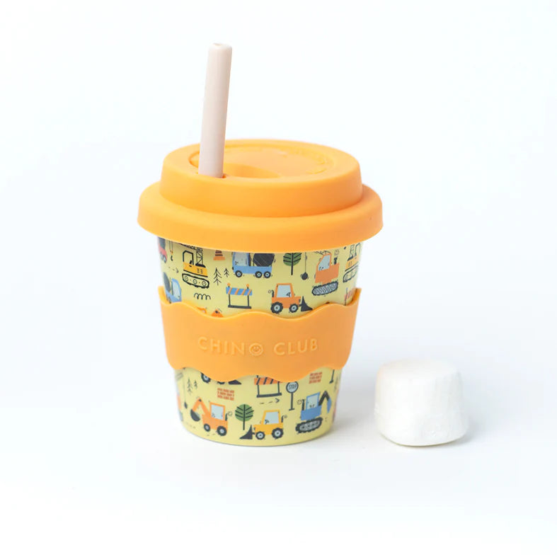 4oz babychino cup with snap lid and straw, orange-and-cream transport print