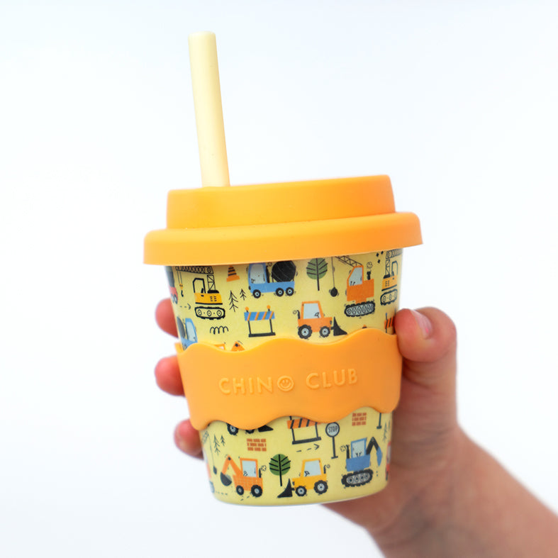 4oz babychino cup with orange lid and upright straw, grip band for easy holding