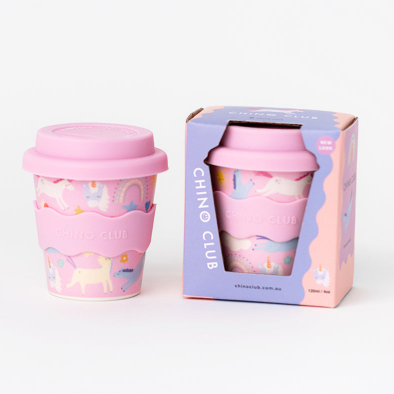 Pink unicorn babychino cup with lid and straw, 4 oz, with matching gift box