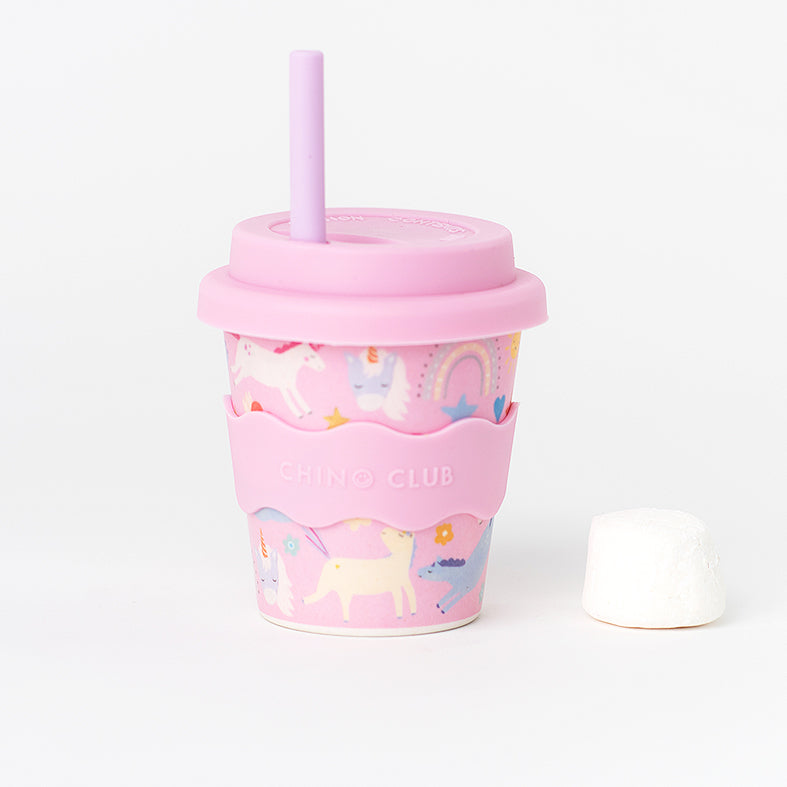 Pink unicorn babychino cup with lid and straw, 4 oz