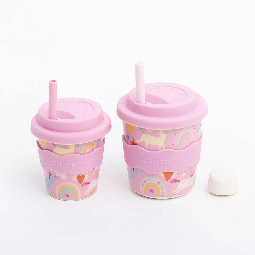 Two pink unicorn babychino cups with lids and straws, 4 oz, pastel pattern