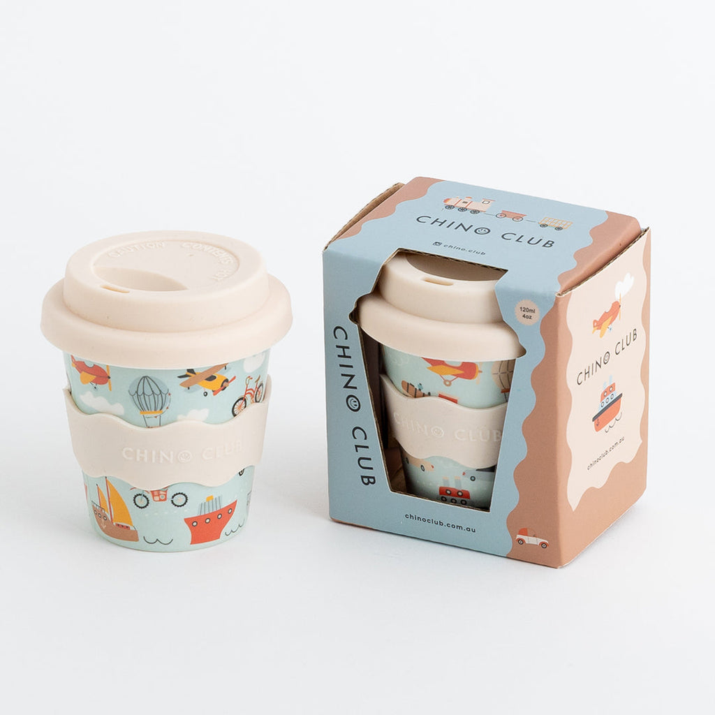 Babychino cup with lid and straw topper, vehicles print, shown with gift box